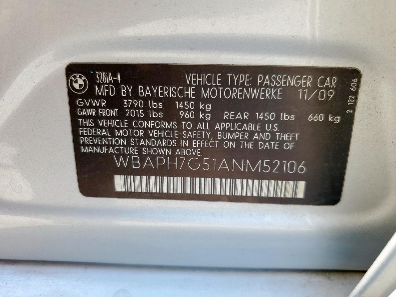 2010 BMW 328 I VIN: WBAPH7G51ANM52106 Lot: 84205015