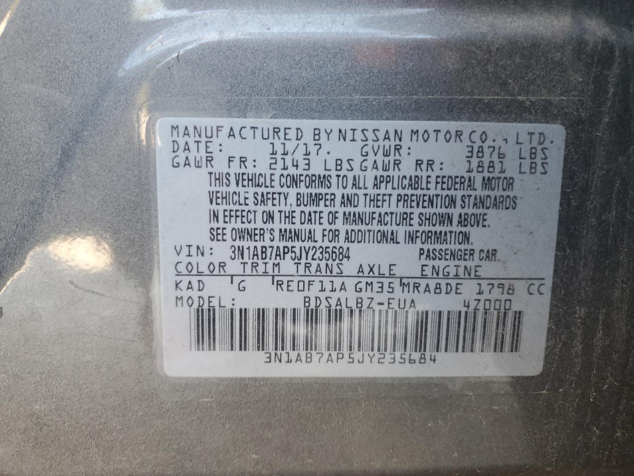 2018 Nissan Sentra S VIN: 3N1AB7AP5JY235684 Lot: 84014155