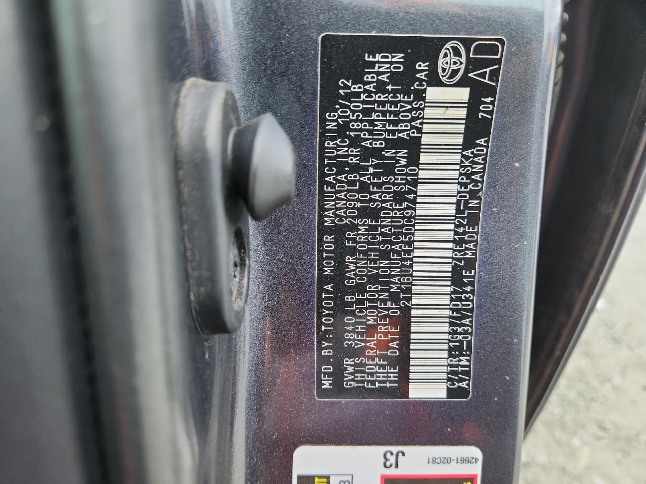 2013 Toyota Corolla Base VIN: 2T1BU4EE5DC974710 Lot: 85201735