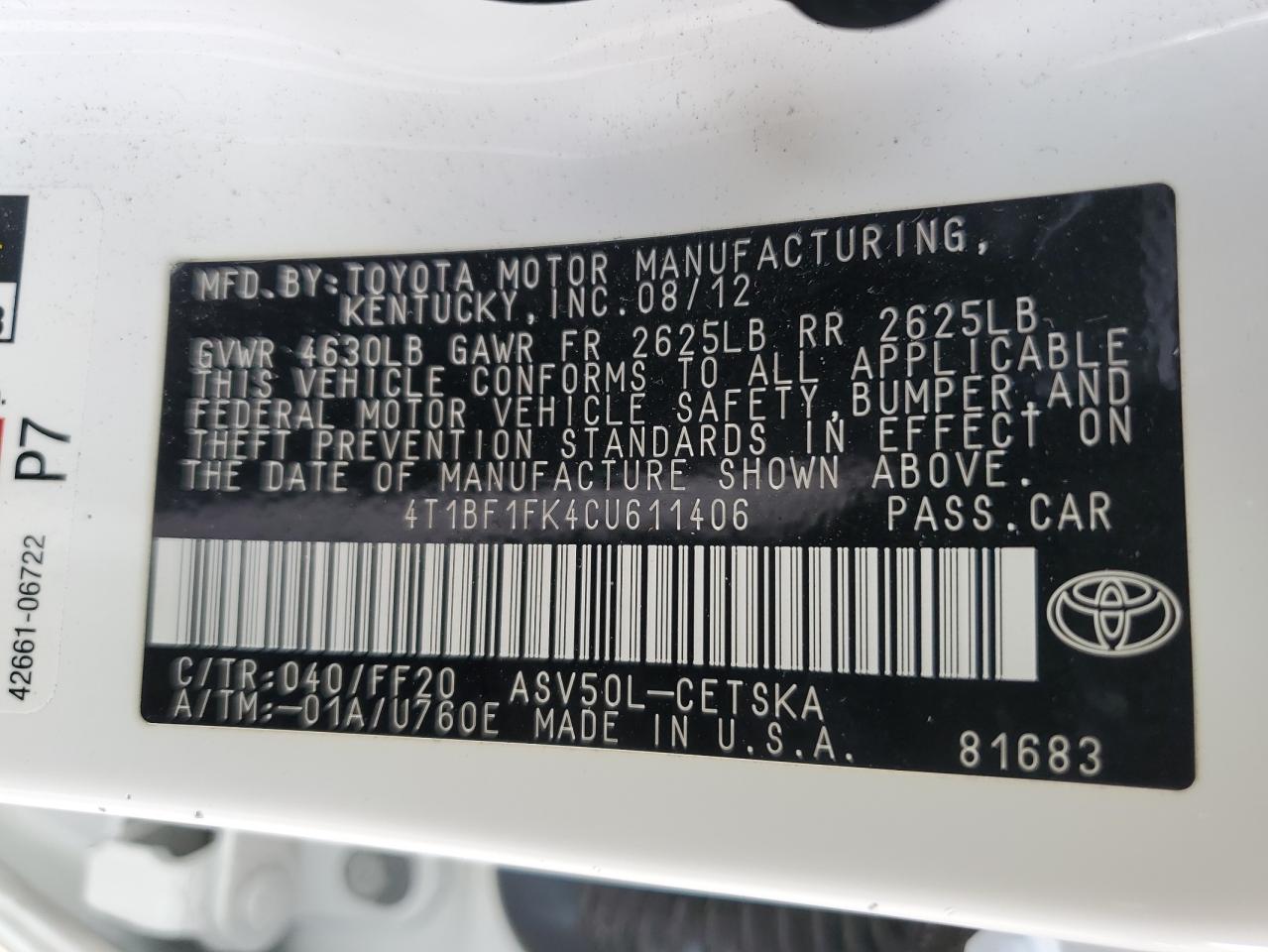 2012 Toyota Camry Base VIN: 4T1BF1FK4CU611406 Lot: 82327955