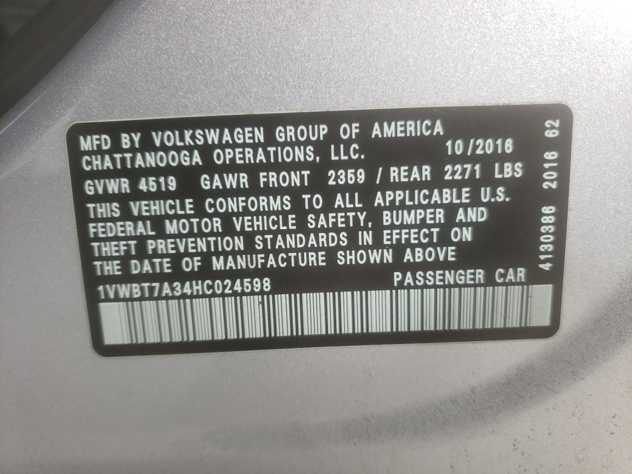 2017 Volkswagen Passat Se VIN: 1VWBT7A34HC024598 Lot: 87027055