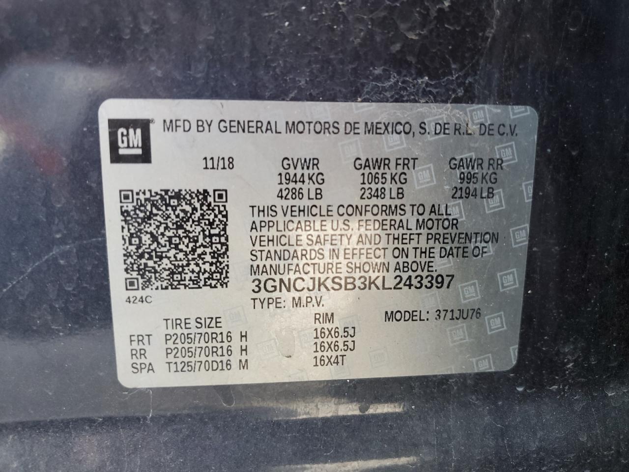 2019 Chevrolet Trax Ls VIN: 3GNCJKSB3KL243397 Lot: 89476115