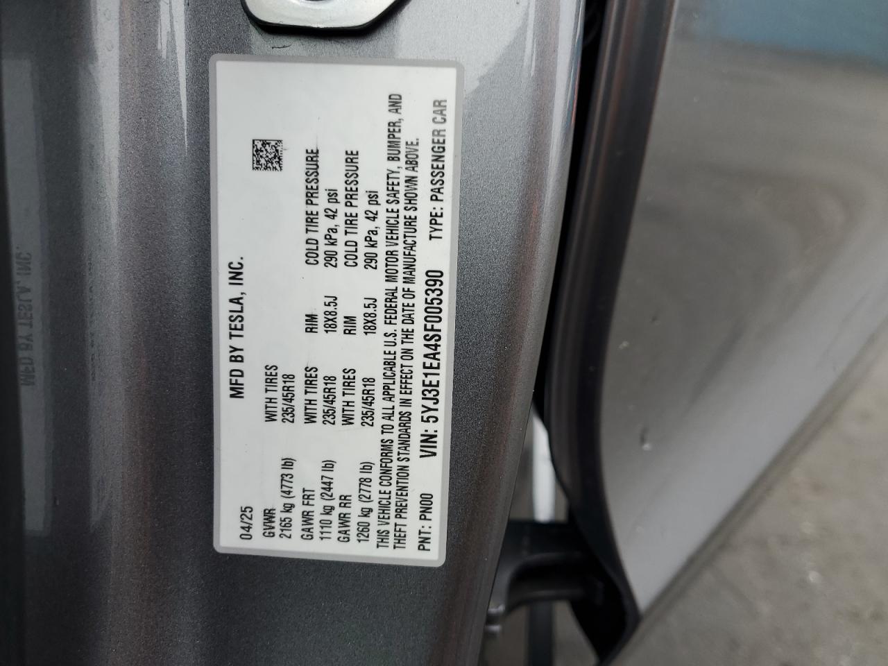 2025 Tesla Model 3 VIN: 5YJ3E1EA4SF005390 Lot: 87114815