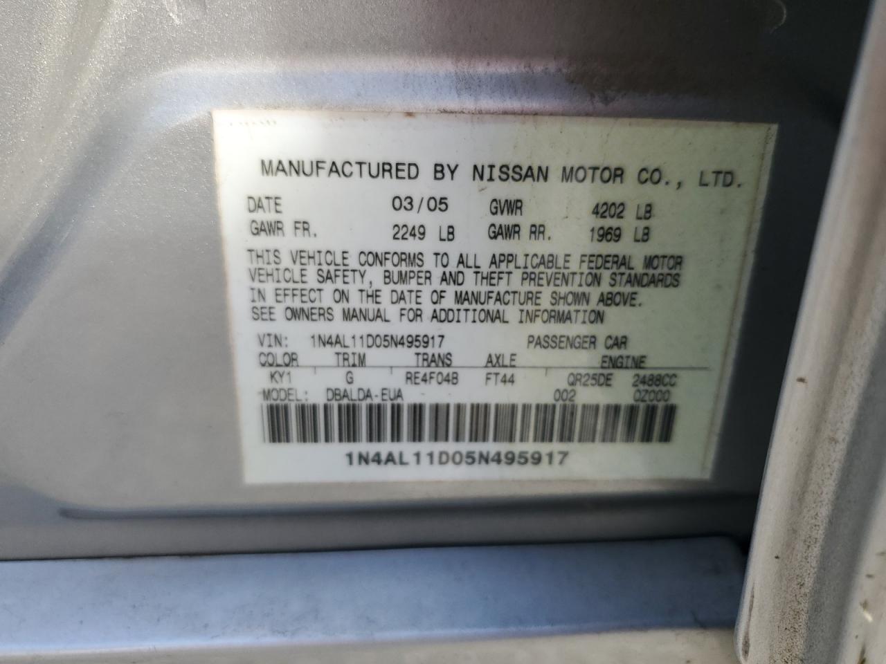 2005 Nissan Altima S VIN: 1N4AL11D05N495917 Lot: 82171805