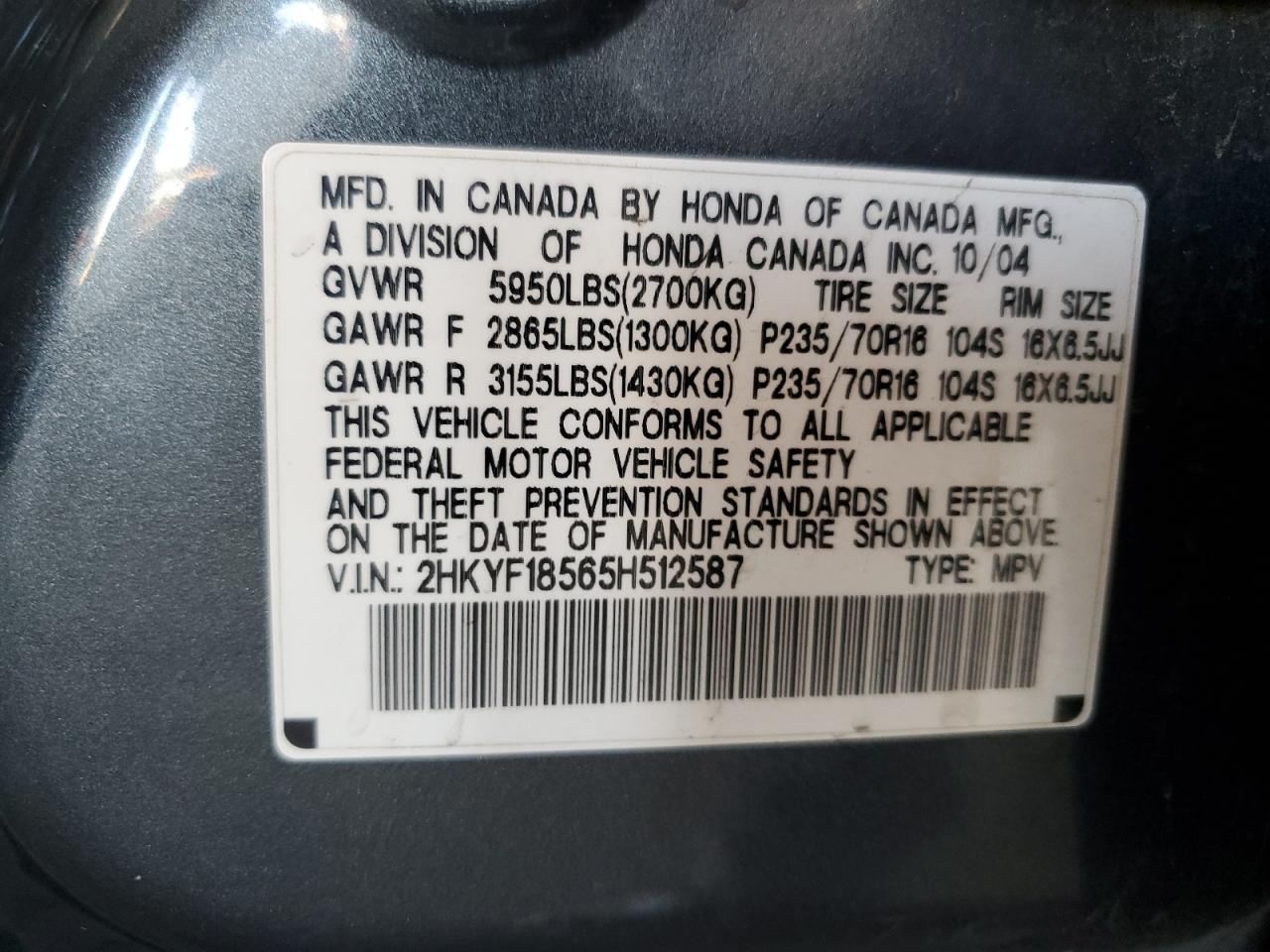 2005 Honda Pilot Exl VIN: 2HKYF18565H512587 Lot: 90646445