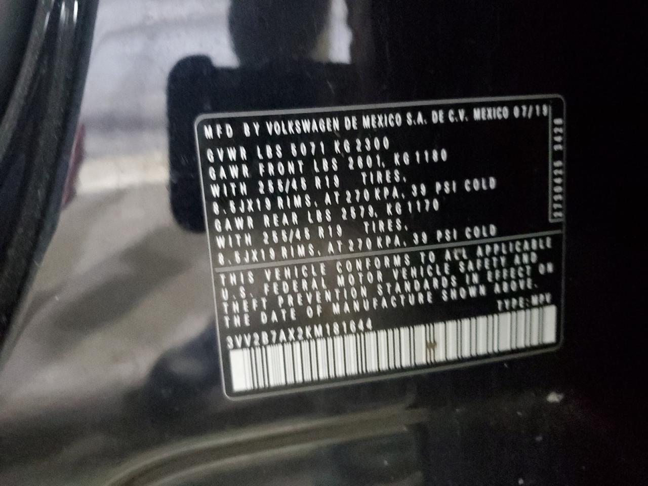 2019 Volkswagen Tiguan Se VIN: 3VV2B7AX2KM181644 Lot: 84972775