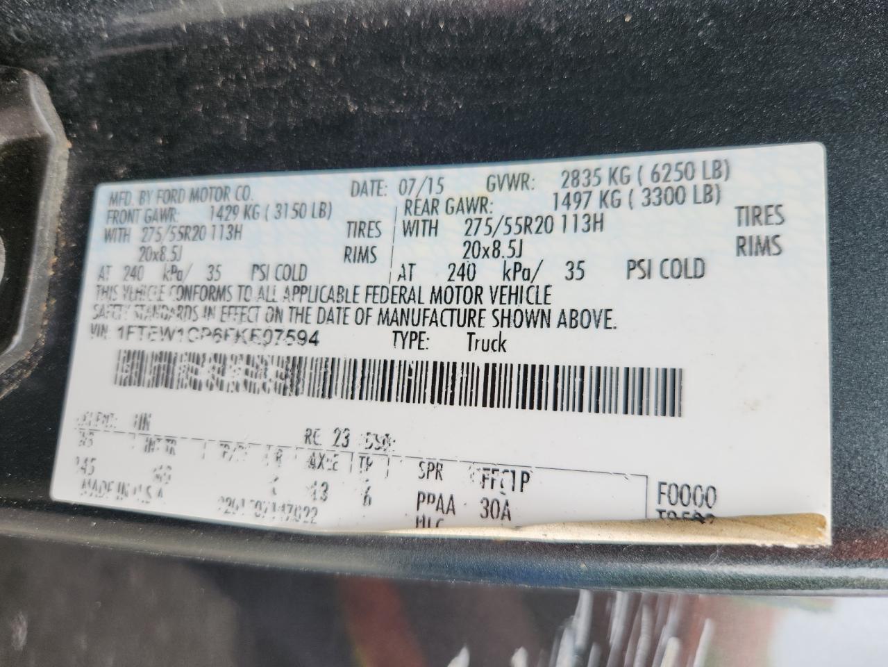 2015 Ford F150 Supercrew VIN: 1FTEW1CP6FKE07594 Lot: 90287825