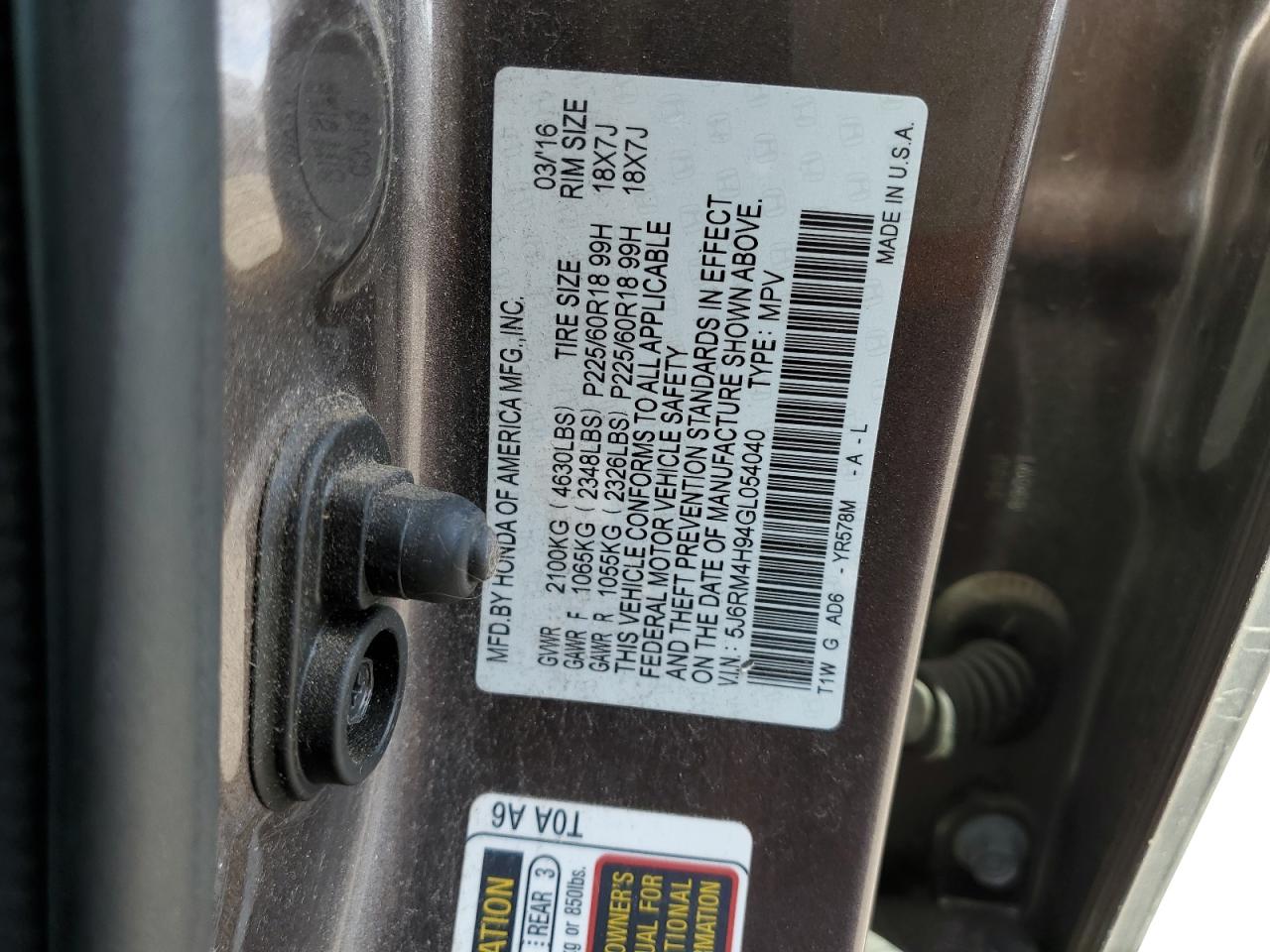 2016 Honda Cr-V Touring VIN: 5J6RM4H94GL054040 Lot: 81997525