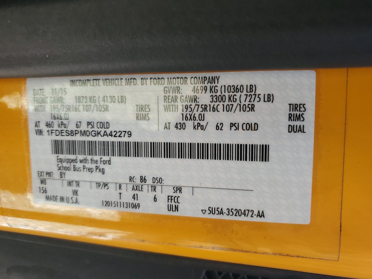 2016 Ford Transit T-350 Hd VIN: 1FDES8PM0GKA42279 Lot: 84628075