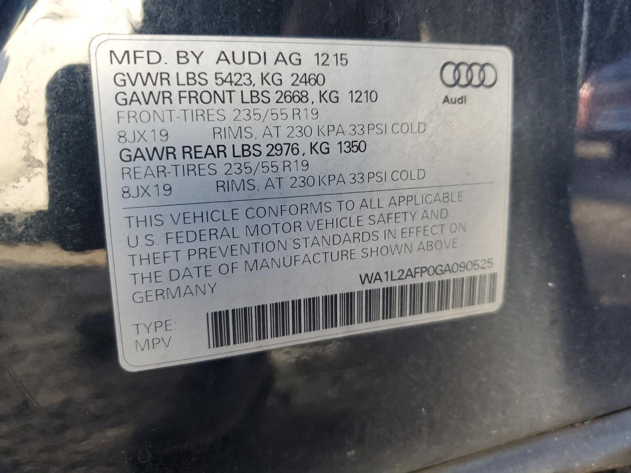 2016 Audi Q5 Premium Plus VIN: WA1L2AFP0GA090525 Lot: 89553505