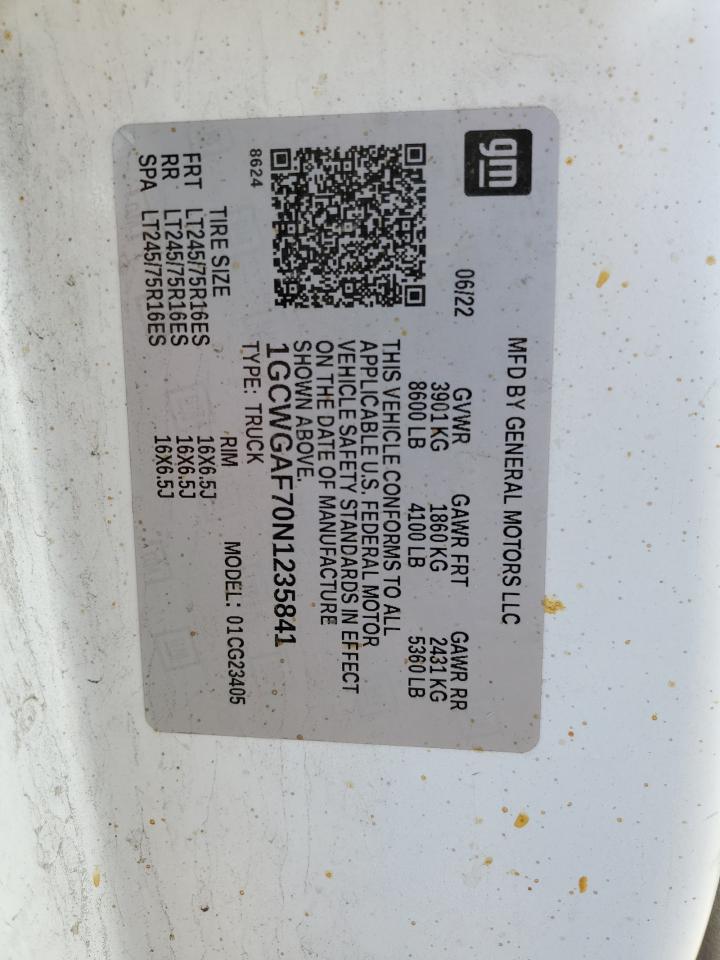 2022 Chevrolet Express G2500 VIN: 1GCWGAF70N1235841 Lot: 84707025