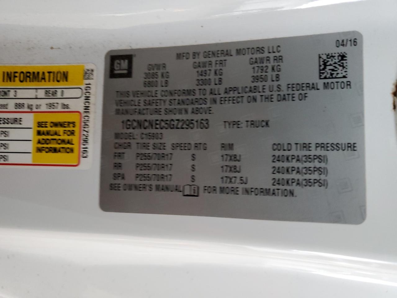 2016 Chevrolet Silverado C1500 VIN: 1GCNCNEC5GZ295163 Lot: 85009195