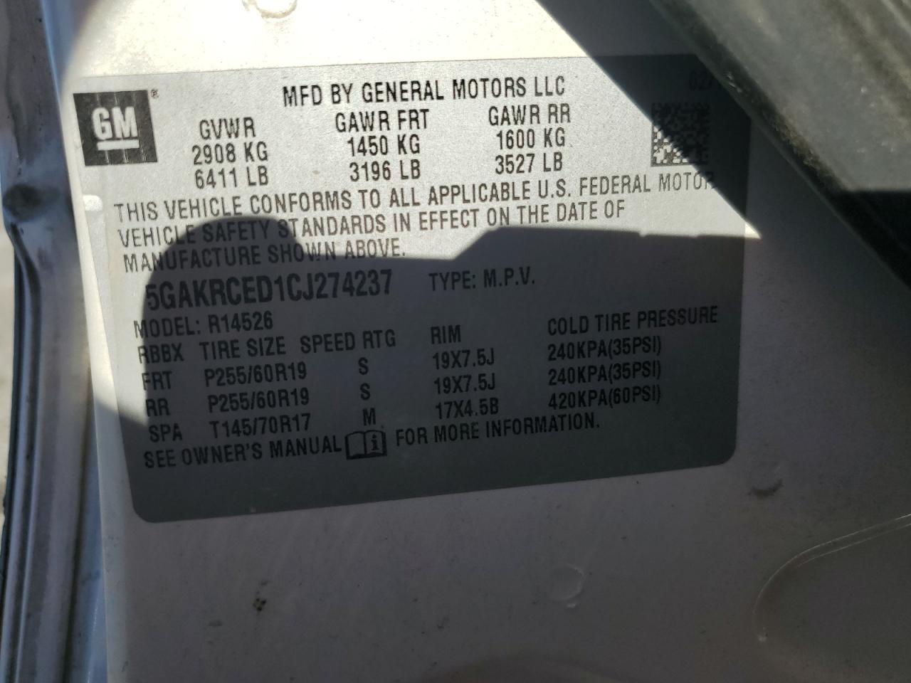 2012 Buick Enclave VIN: 5GAKRCED1CJ274237 Lot: 86692255