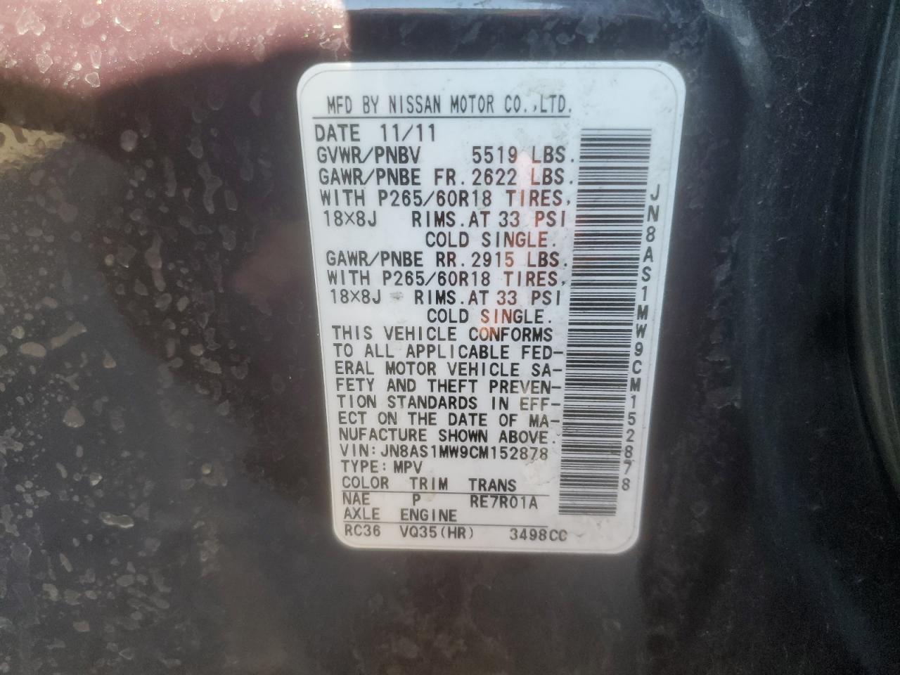 2012 Infiniti Fx35 VIN: JN8AS1MW9CM152878 Lot: 89885705