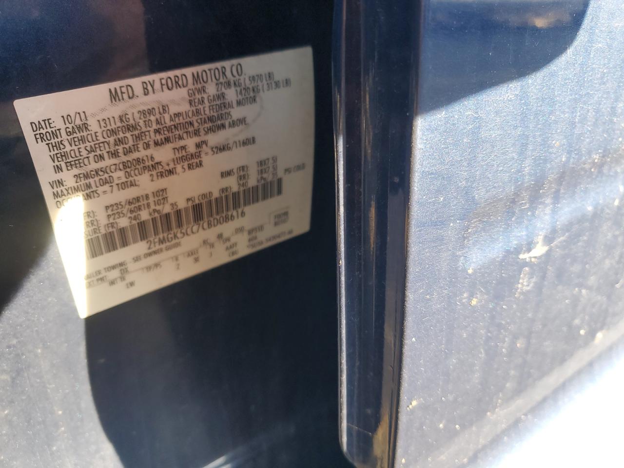 2012 Ford Flex Sel VIN: 2FMGK5CC7CBD08616 Lot: 86158995