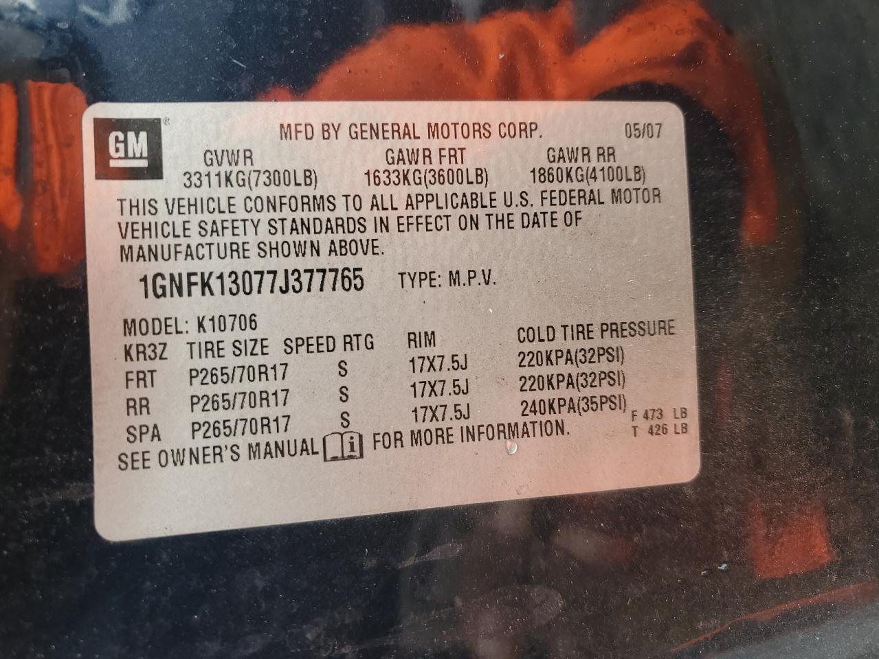2007 Chevrolet Tahoe K1500 VIN: 1GNFK13077J377765 Lot: 82301995