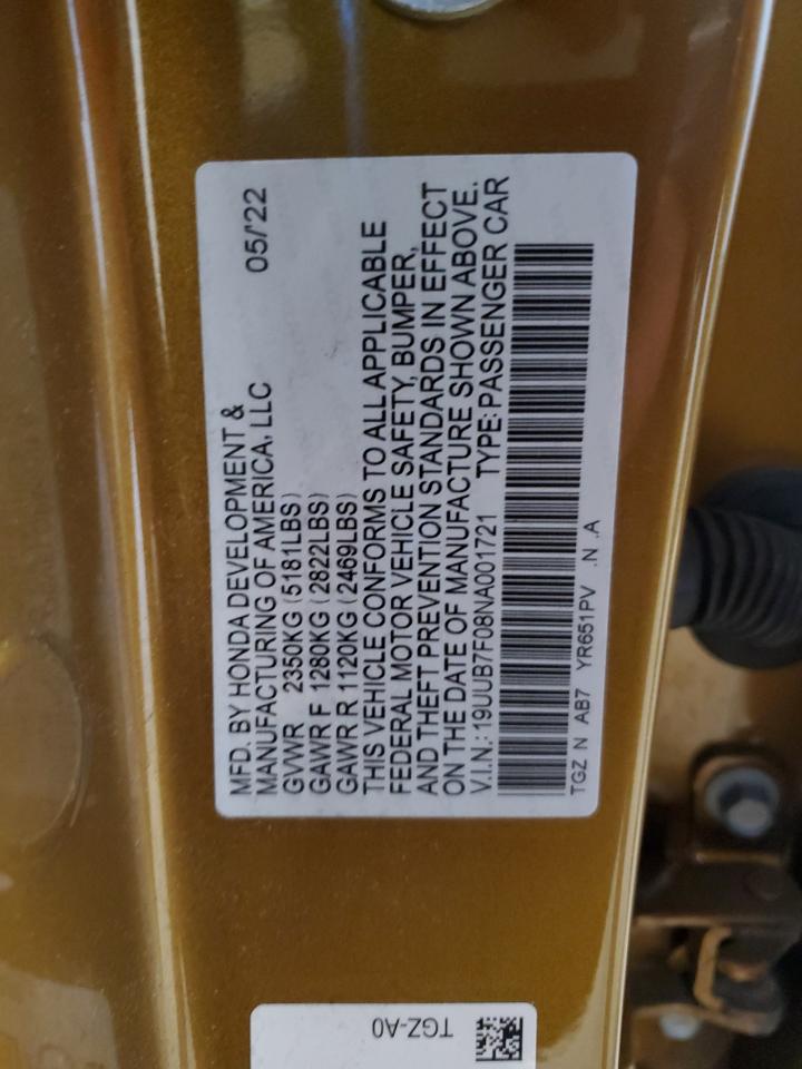 2022 Acura Tlx Type S VIN: 19UUB7F08NA001721 Lot: 85752165