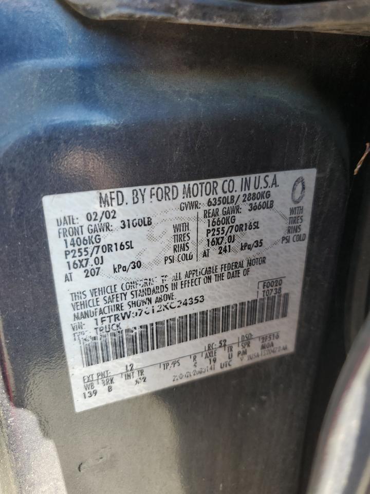 2002 Ford F150 Supercrew VIN: 1FTRW07612KC24353 Lot: 85474025