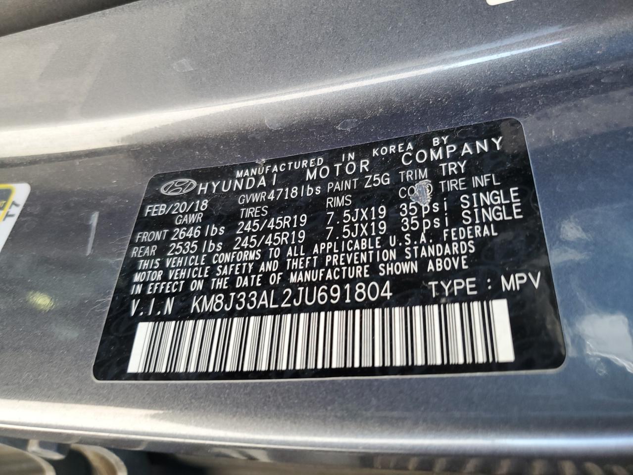 2018 Hyundai Tucson Sport VIN: KM8J33AL2JU691804 Lot: 81971595