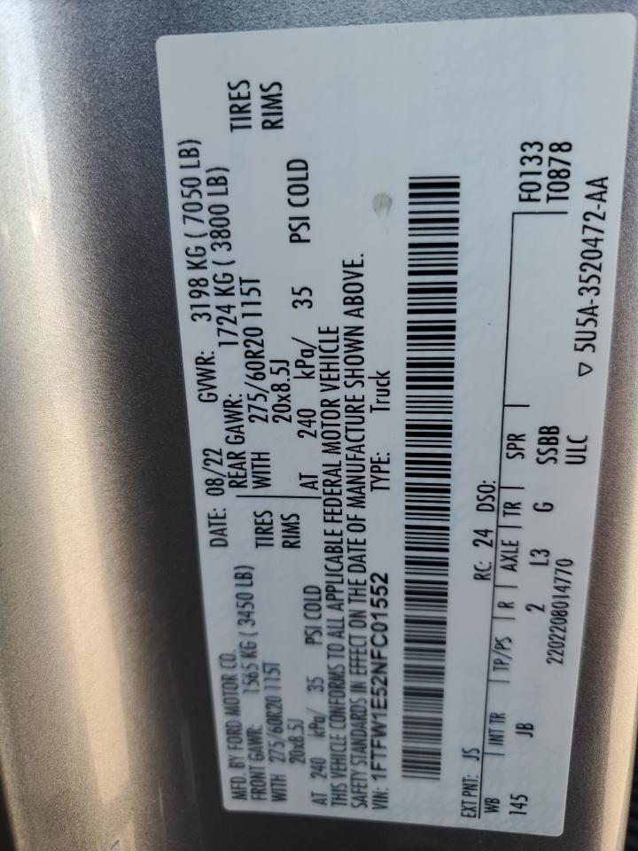 2022 Ford F150 Supercrew VIN: 1FTFW1E52NFC01552 Lot: 90664535