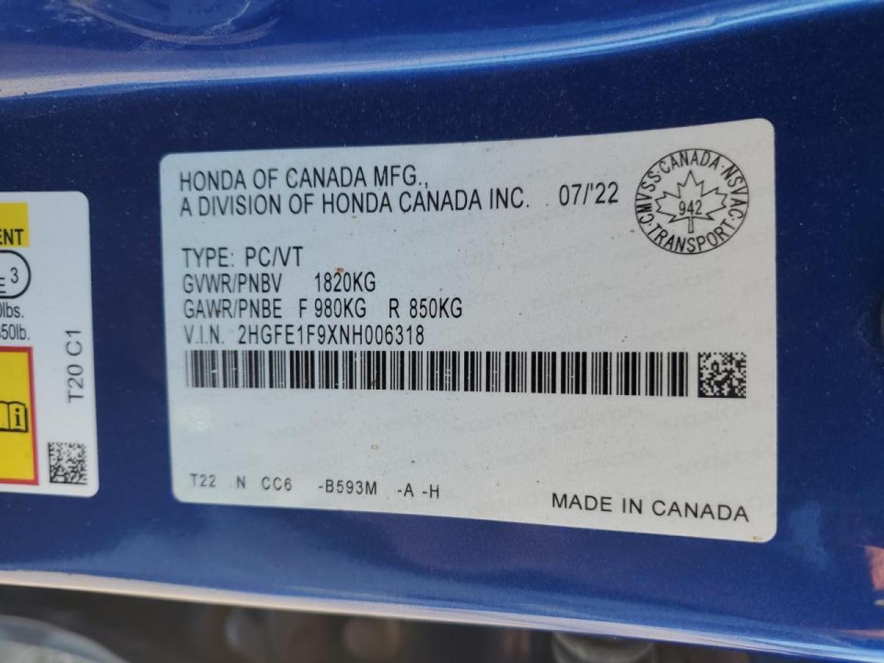 2022 Honda Civic Touring VIN: 2HGFE1F9XNH006318 Lot: 84521775