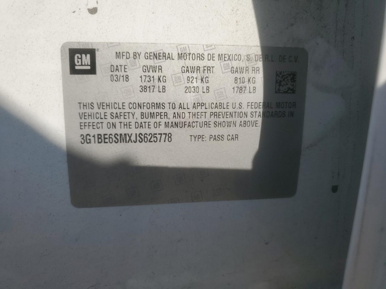 2018 Chevrolet Cruze Lt VIN: 3G1BE6SMXJS625778 Lot: 85187465