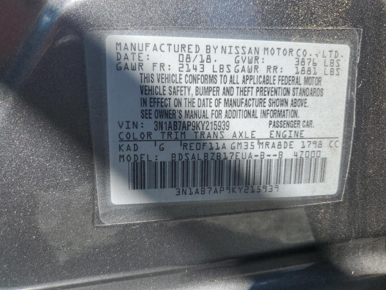 2019 Nissan Sentra S VIN: 3N1AB7AP9KY215939 Lot: 86335305