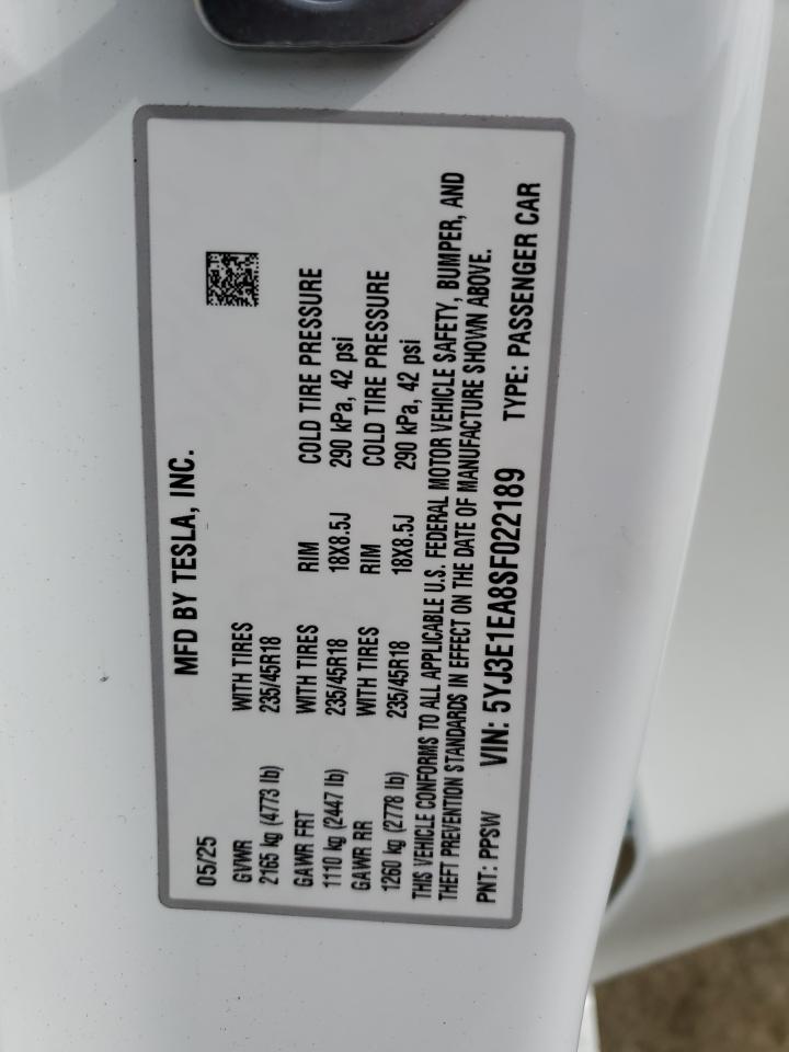 2025 Tesla Model 3 VIN: 5YJ3E1EA8SF022189 Lot: 86785455