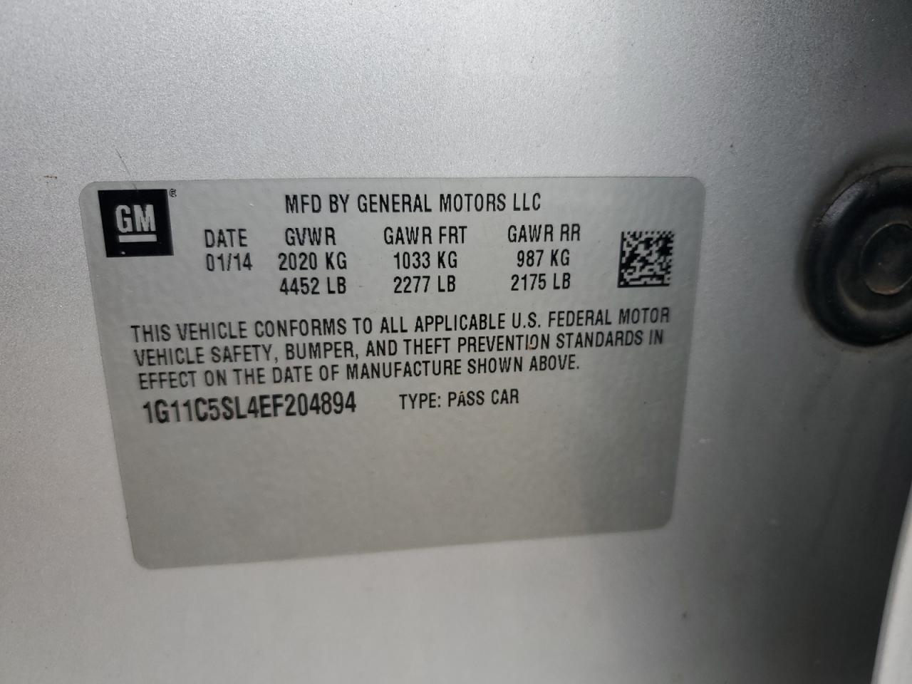 2014 Chevrolet Malibu 1Lt VIN: 1G11C5SL4EF204894 Lot: 85679425