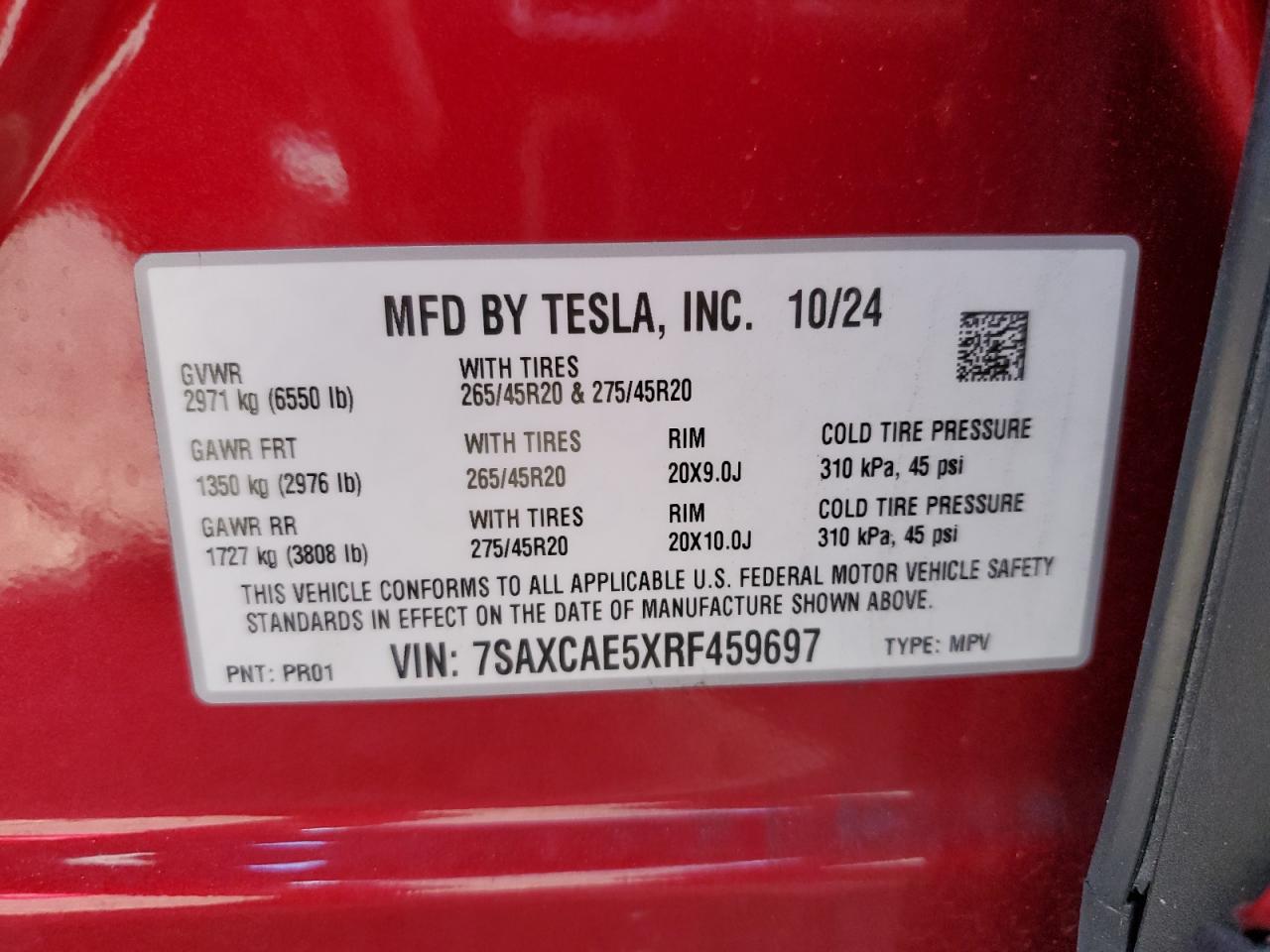 2024 Tesla Model X VIN: 7SAXCAE5XRF459697 Lot: 90097105