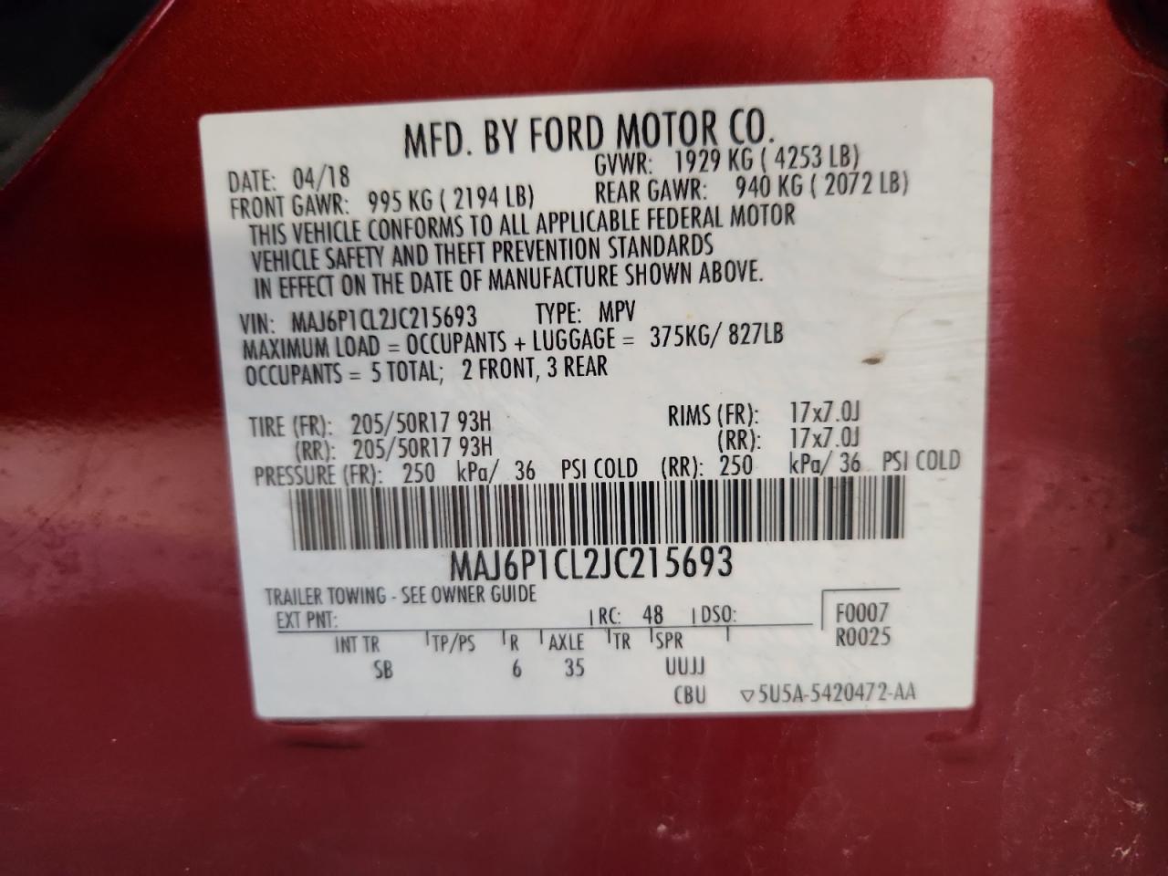 2018 Ford Ecosport Ses VIN: MAJ6P1CL2JC215693 Lot: 85336575
