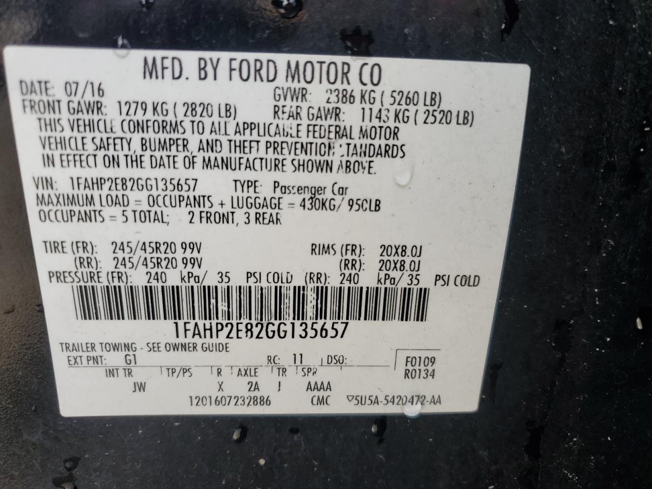 2016 Ford Taurus Sel VIN: 1FAHP2E82GG135657 Lot: 87271825