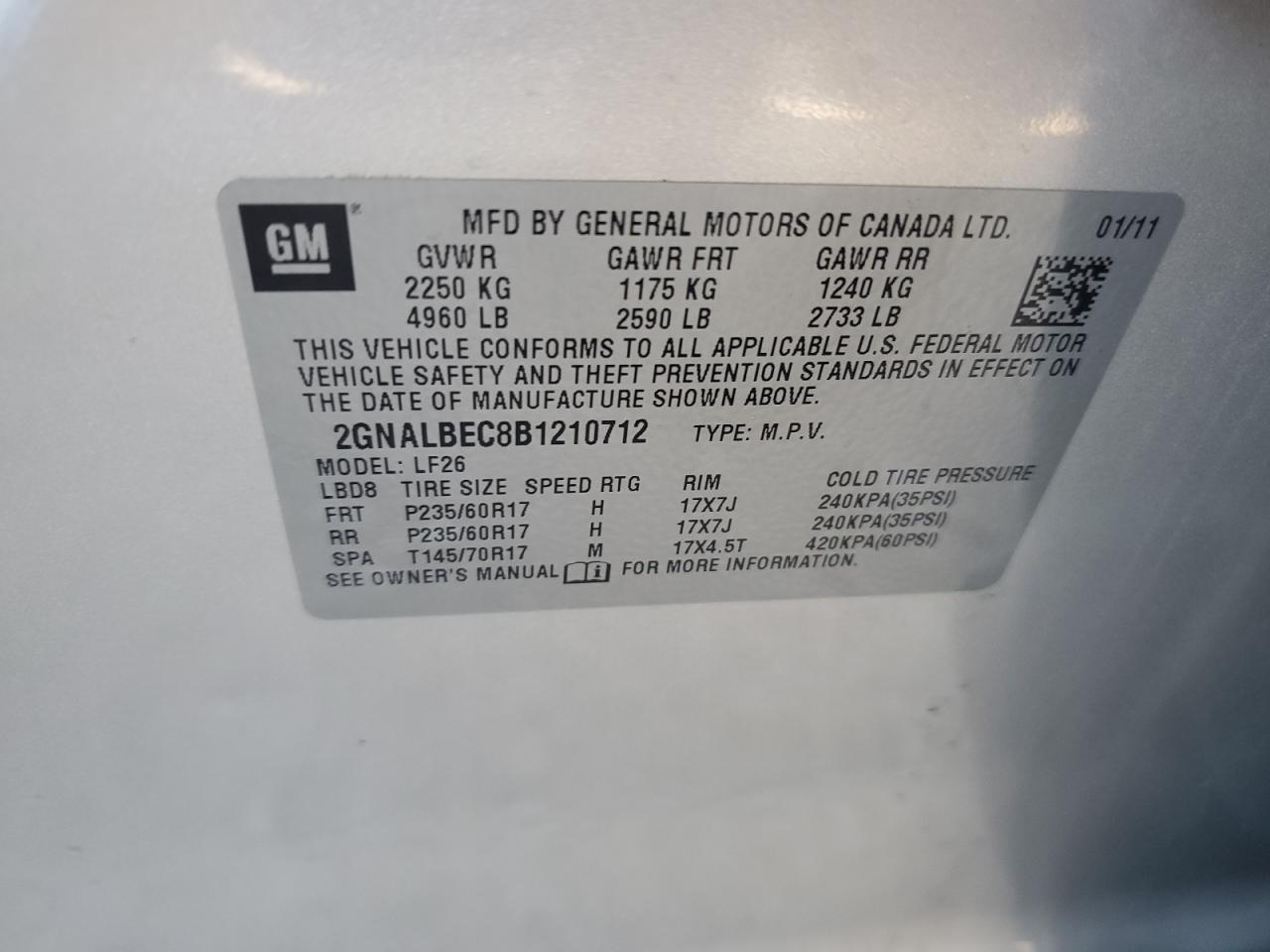 2011 Chevrolet Equinox Ls VIN: 2GNALBEC8B1210712 Lot: 85297125