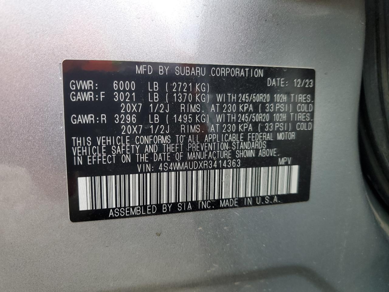 2024 Subaru Ascent Limited VIN: 4S4WMAUDXR3414363 Lot: 85382085