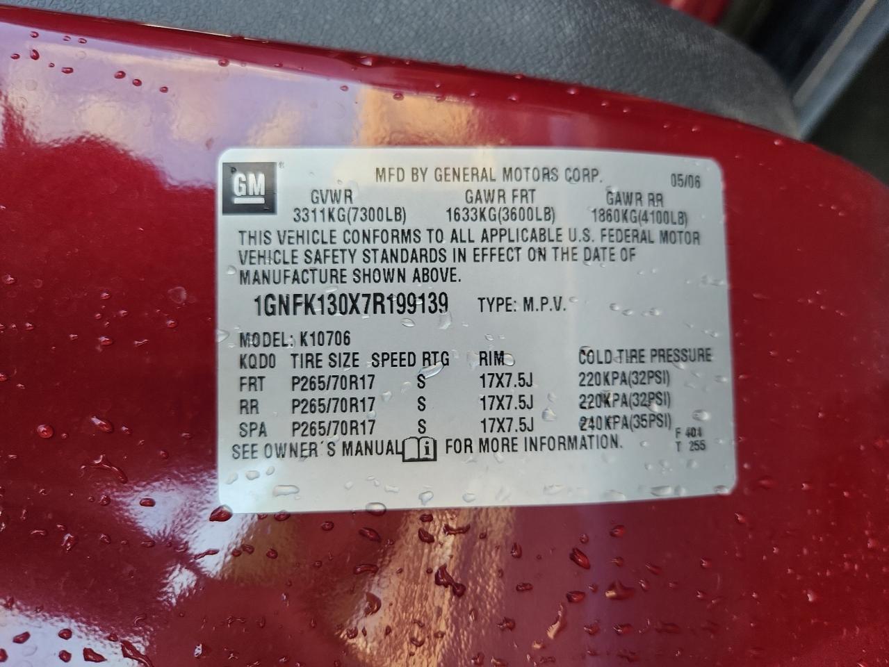 2007 Chevrolet Tahoe K1500 VIN: 1GNFK130X7R199139 Lot: 84522395