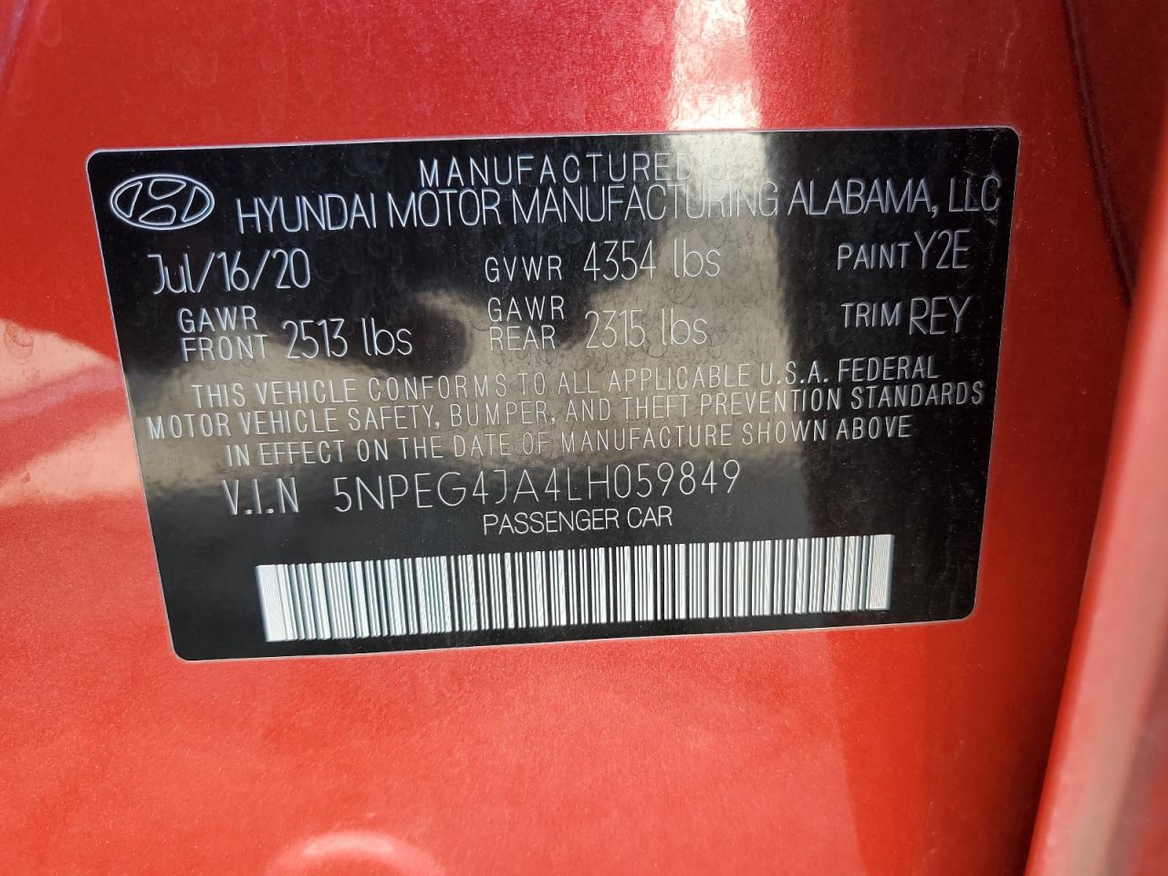 2020 Hyundai Sonata Se VIN: 5NPEG4JA4LH059849 Lot: 85585495