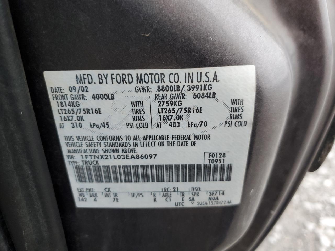 2003 Ford F250 Super Duty VIN: 1FTNX21L03EA86097 Lot: 90280445