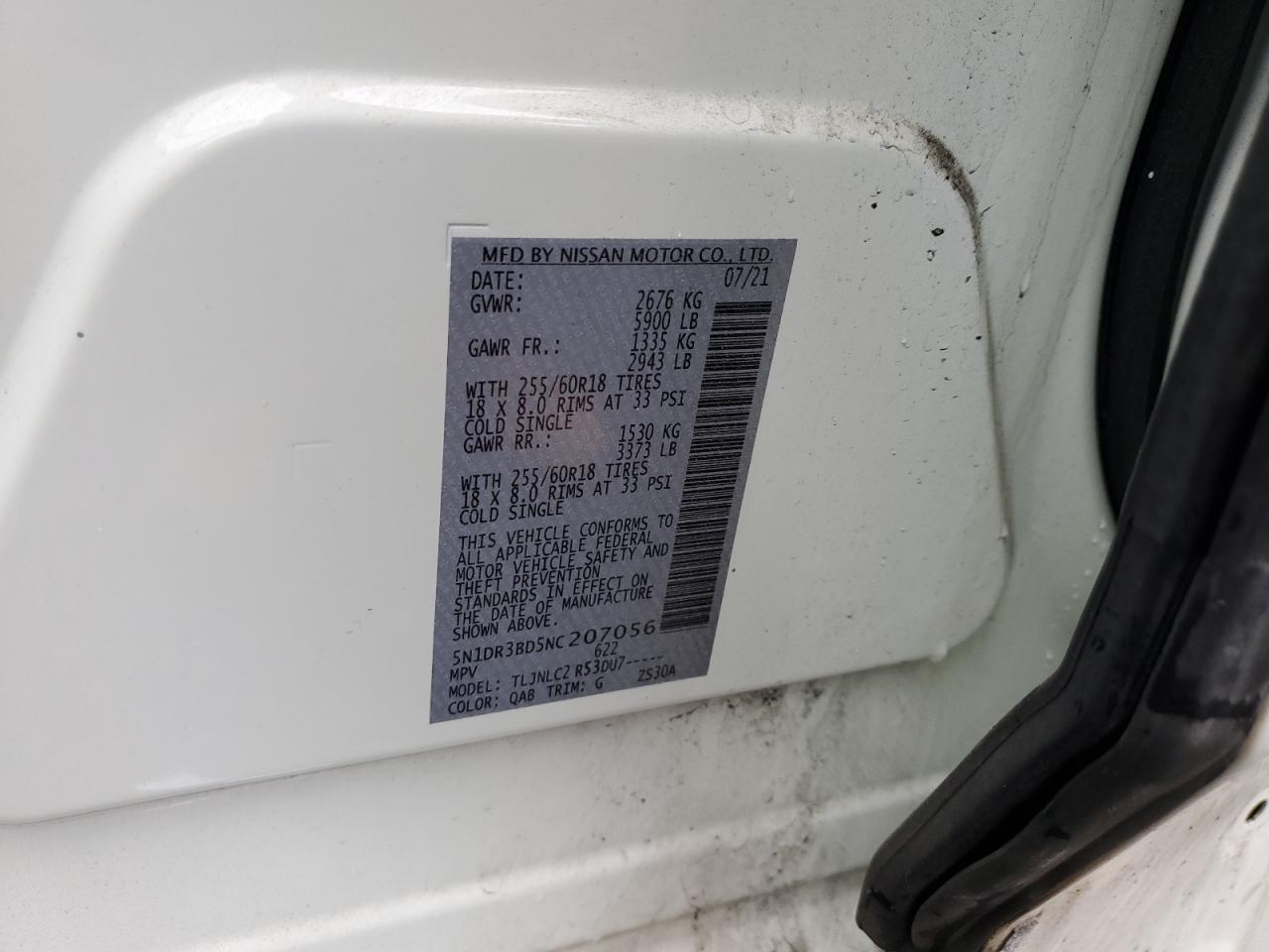 2022 Nissan Pathfinder Sv VIN: 5N1DR3BD5NC207056 Lot: 85713715