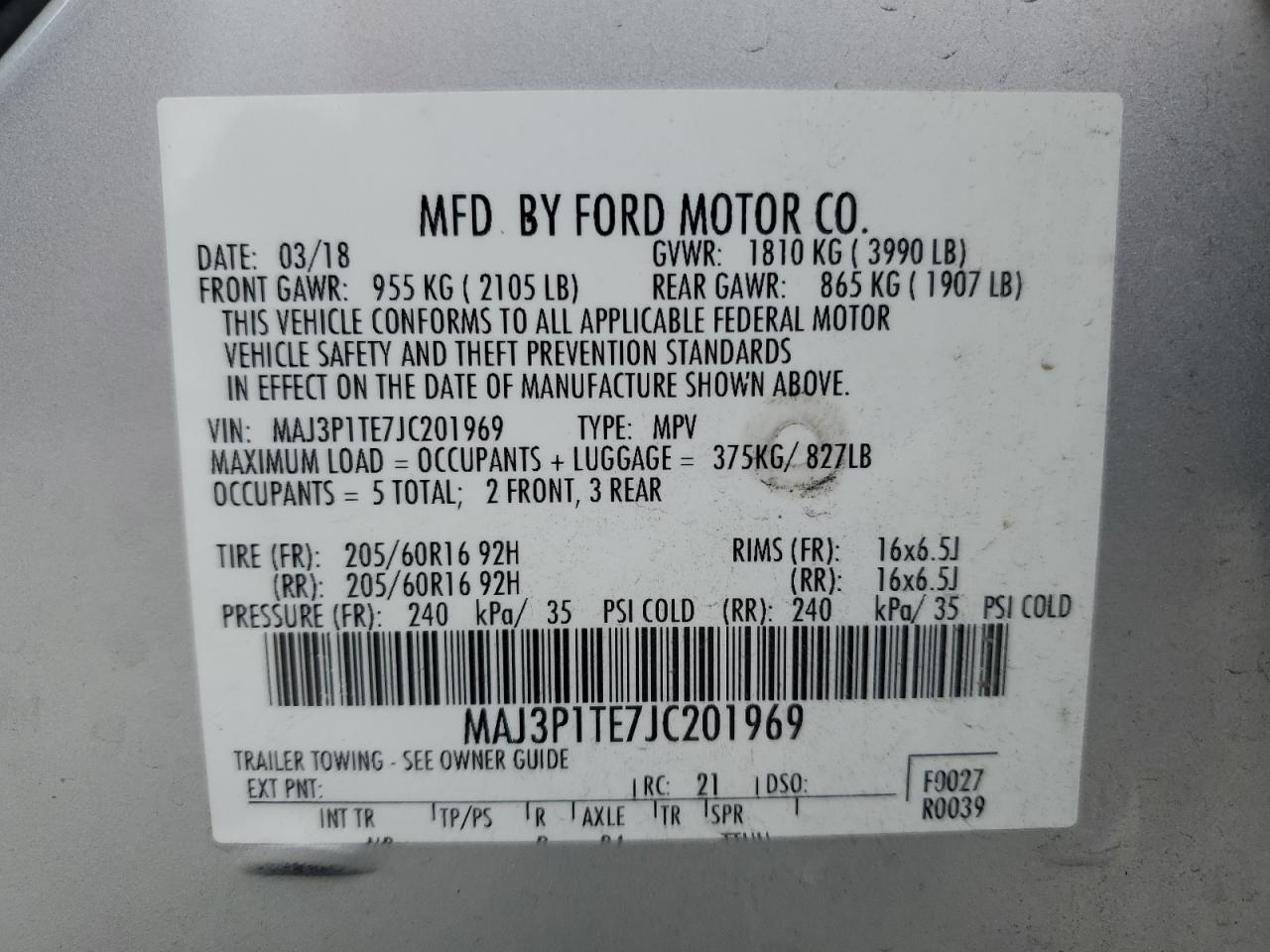 2018 Ford Ecosport Se VIN: MAJ3P1TE7JC201969 Lot: 90245715