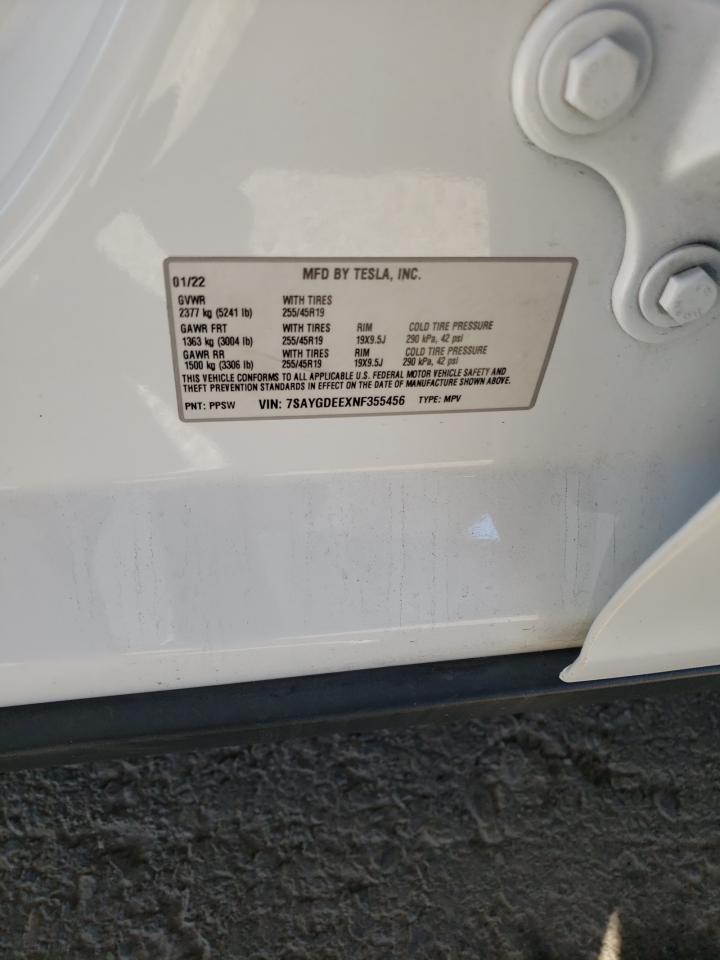 2022 Tesla Model Y VIN: 7SAYGDEEXNF355456 Lot: 85502145