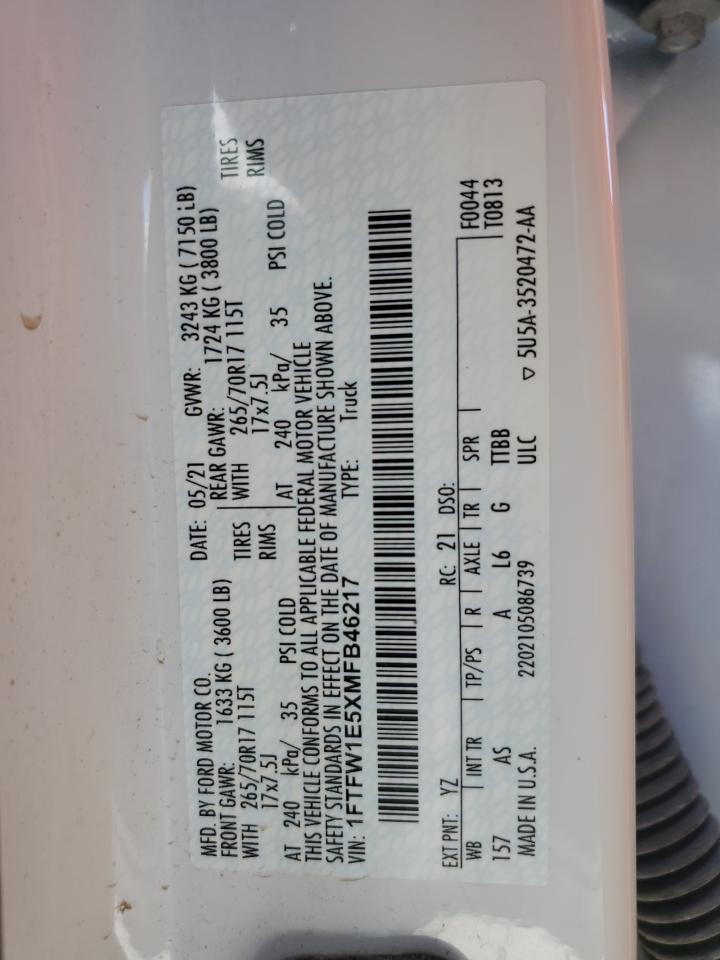 2021 Ford F150 Supercrew VIN: 1FTFW1E5XMFB46217 Lot: 85476865