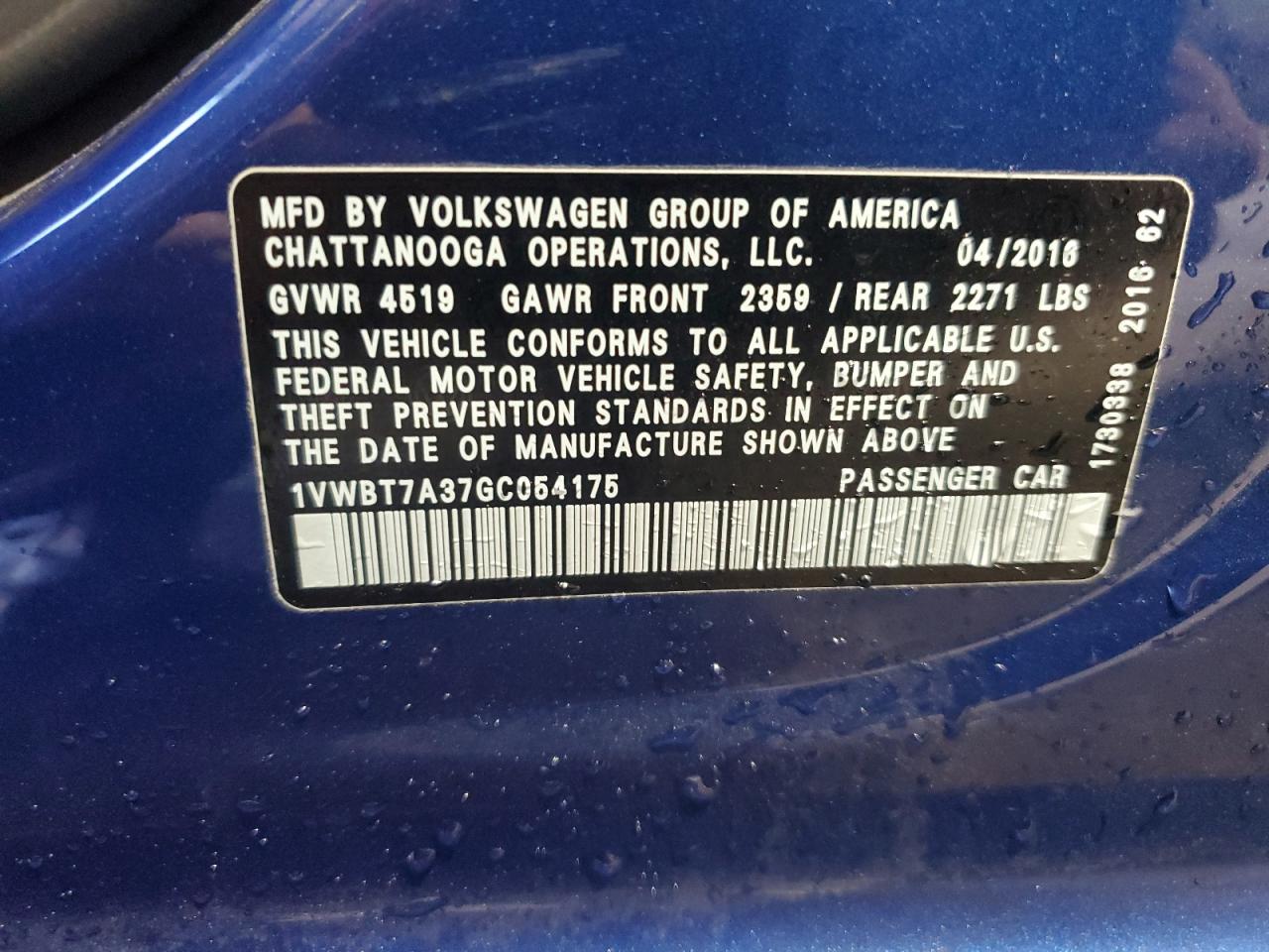 2016 Volkswagen Passat Se VIN: 1VWBT7A37GC054175 Lot: 85840775