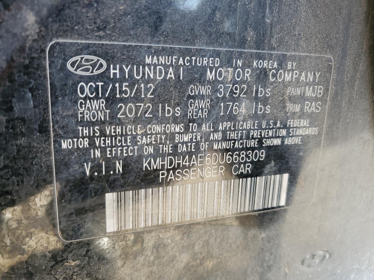 2013 Hyundai Elantra Gls VIN: KMHDH4AE6DU668309 Lot: 85585825