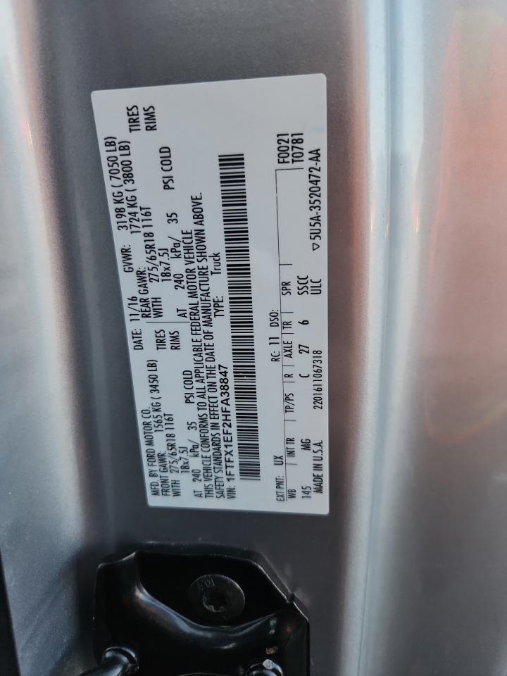 2017 Ford F150 Super Cab VIN: 1FTFX1EF2HFA38847 Lot: 89462555