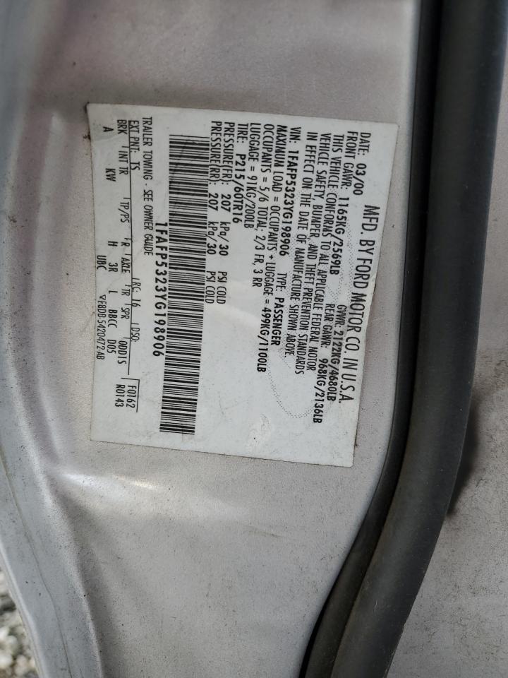 2000 Ford Taurus Se VIN: 1FAFP5323YG198906 Lot: 84882375
