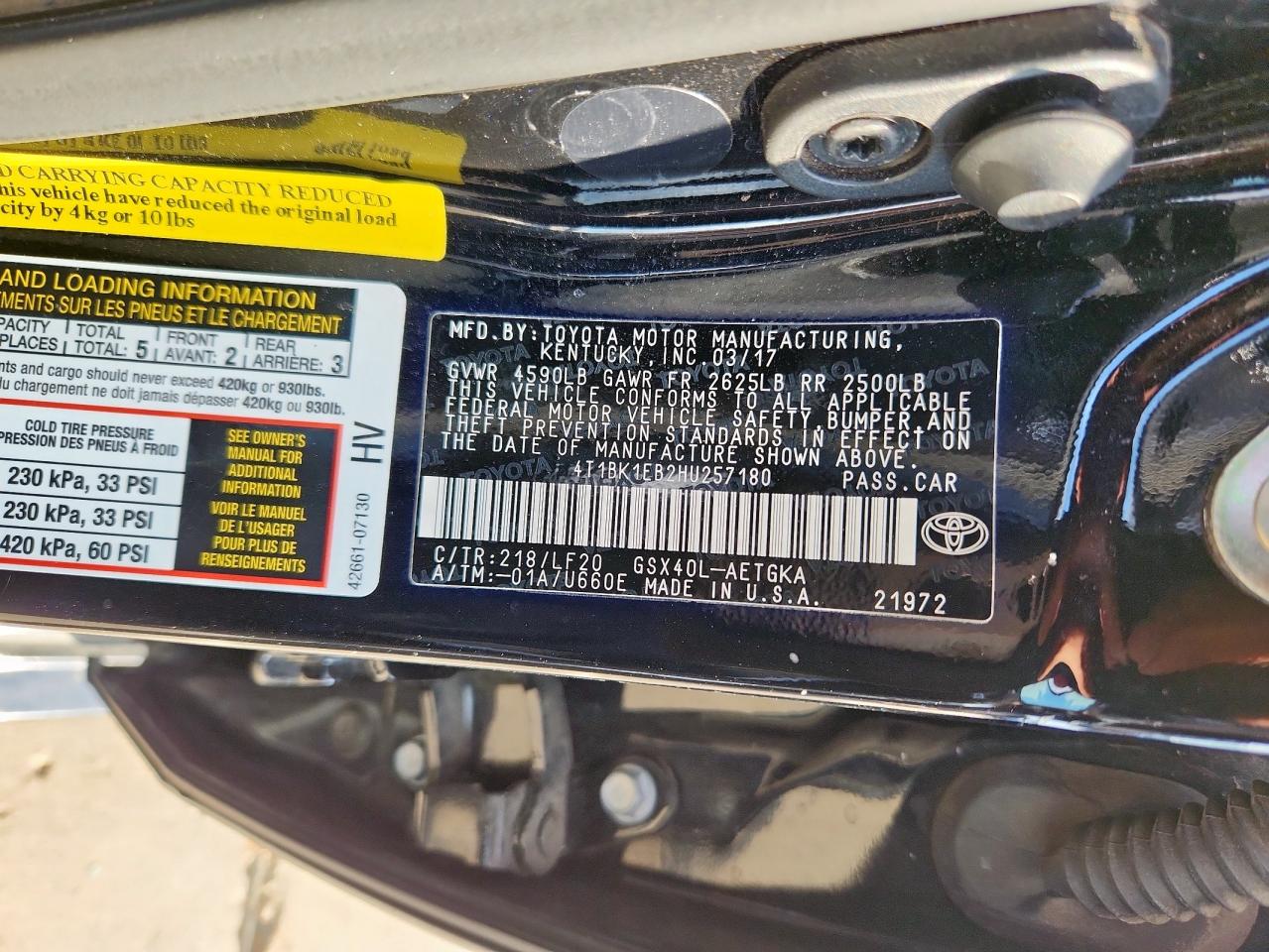 2017 Toyota Avalon Xle VIN: 4T1BK1EB2HU257180 Lot: 85086945