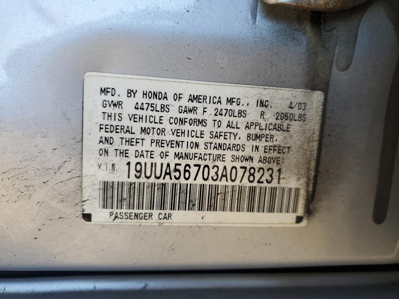 2003 Acura 3.2Tl VIN: 19UUA56703A078231 Lot: 87219705