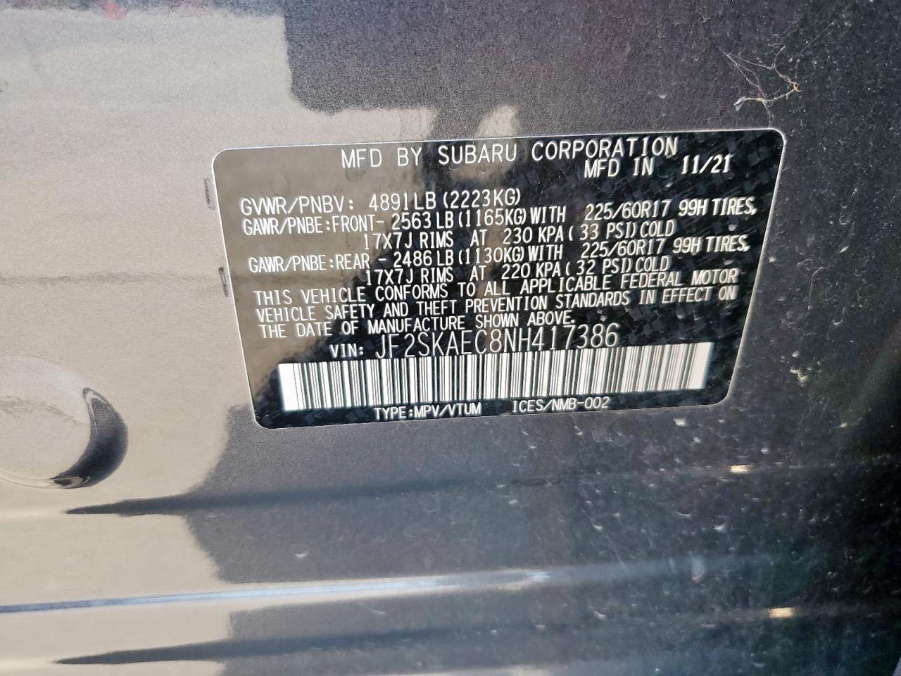 2022 Subaru Forester Premium VIN: JF2SKAEC8NH417386 Lot: 85142085