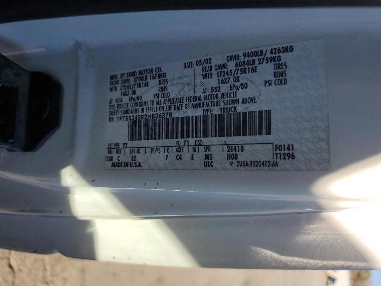 2002 Ford Econoline E350 Super Duty Van VIN: 1FTSS34S82HB36378 Lot: 86801105