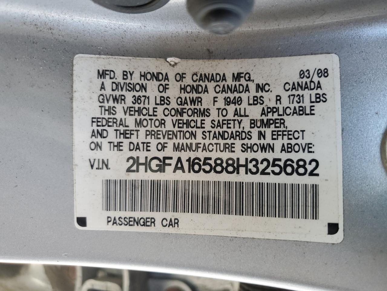 2008 Honda Civic Lx VIN: 2HGFA16588H325682 Lot: 85353685